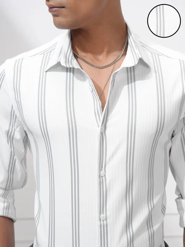 Highlander Men White Striped Slim Fit Casual Shirt