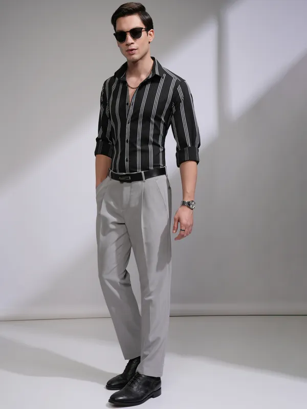 Highlander Men Black Striped Slim Fit Casual Shirt