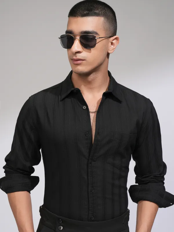 Highlander Men Black Self Design Slim Fit Casual Shirt