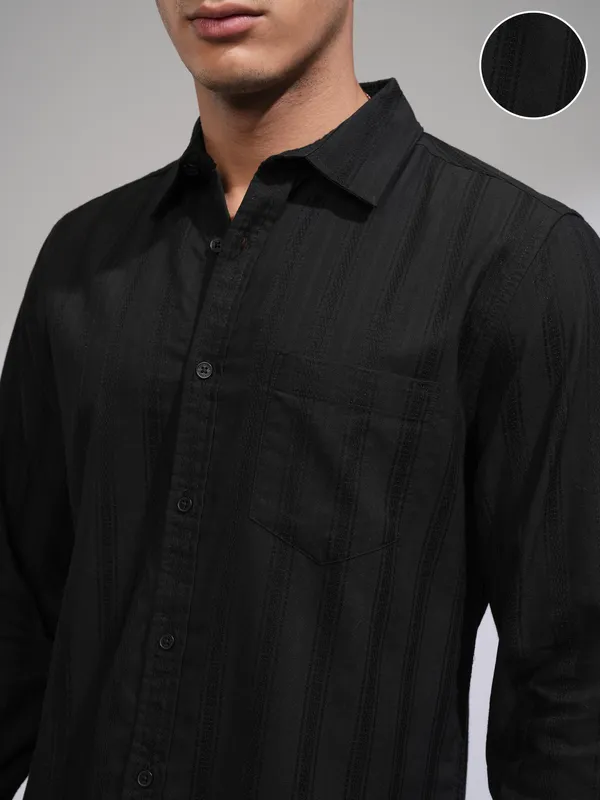 Highlander Men Black Self Design Slim Fit Casual Shirt