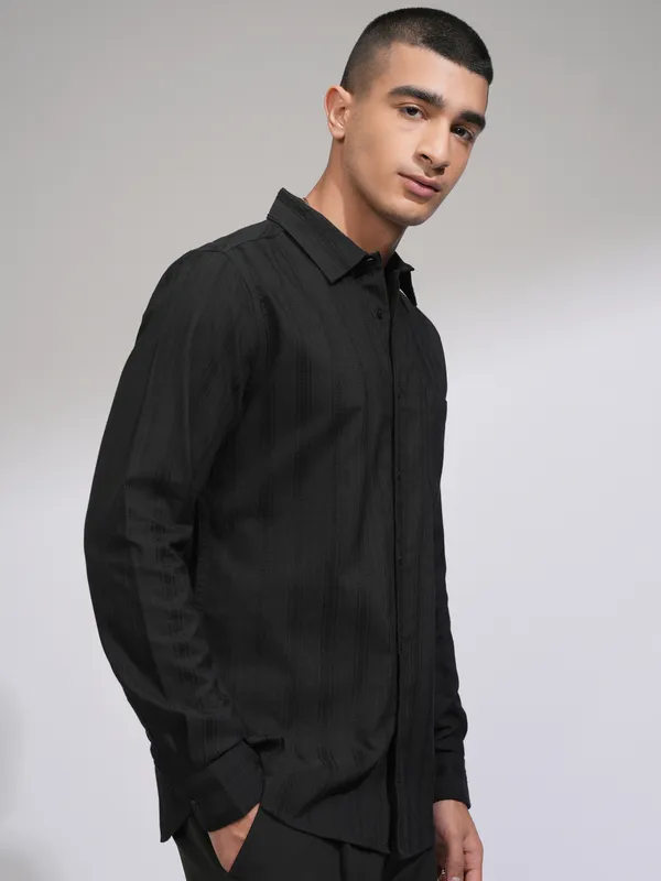 Highlander Men Black Self Design Slim Fit Casual Shirt