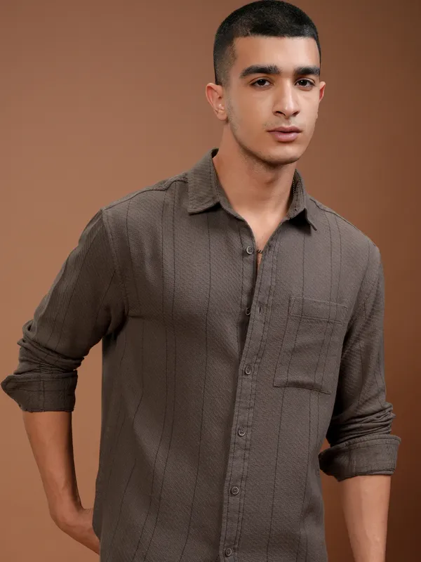 Highlander Men Brown Striped Relaxed Fit Casual Shirt