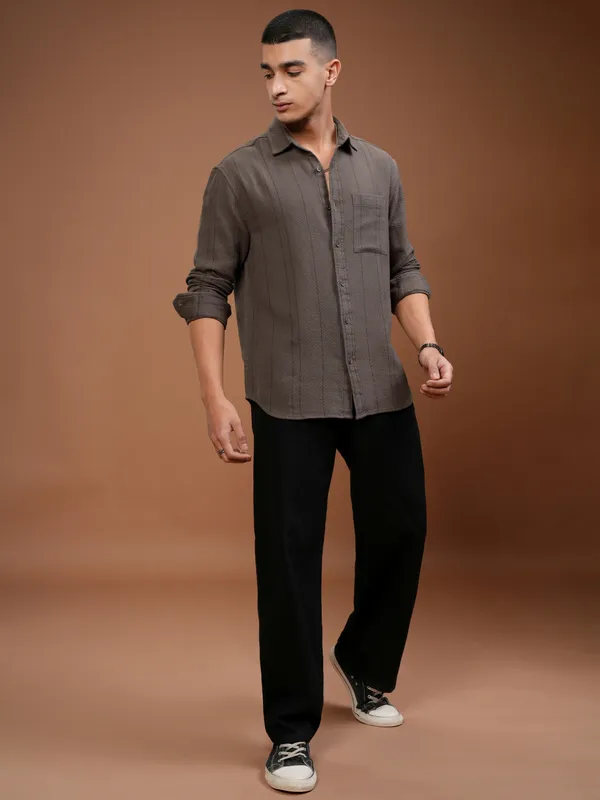 Highlander Men Brown Striped Relaxed Fit Casual Shirt