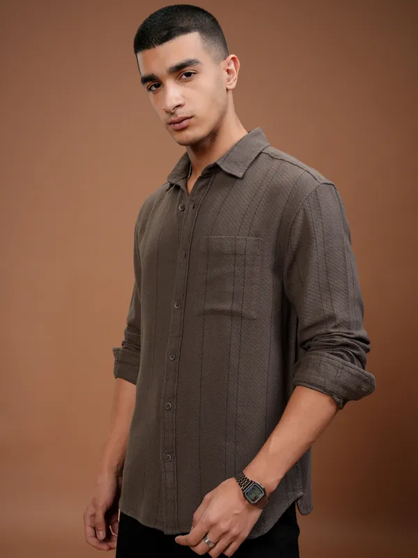 Highlander Men Brown Striped Relaxed Fit Casual Shirt