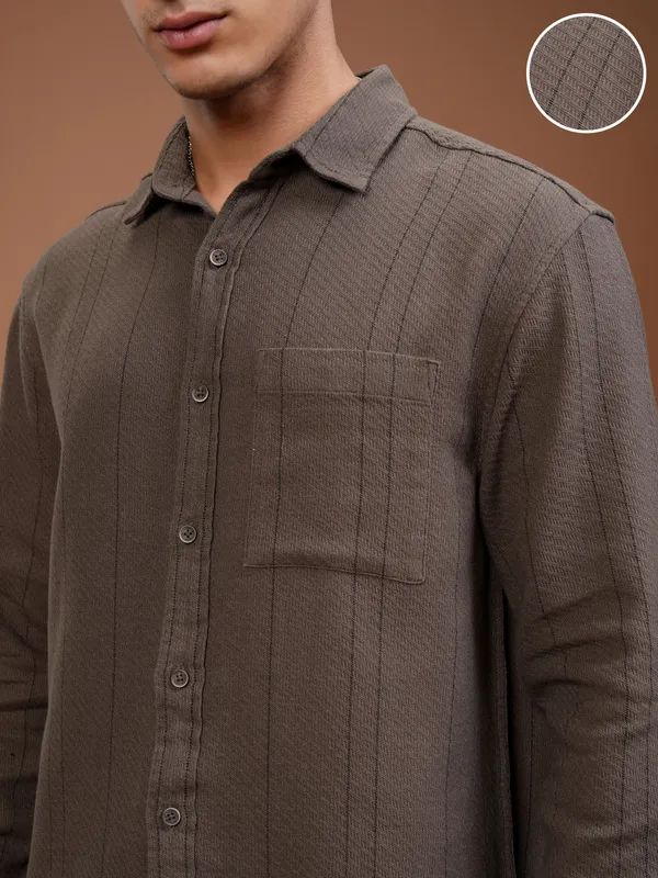 Highlander Men Brown Striped Relaxed Fit Casual Shirt