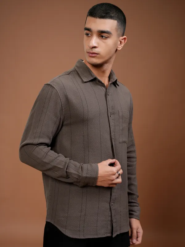 Highlander Men Brown Striped Relaxed Fit Casual Shirt