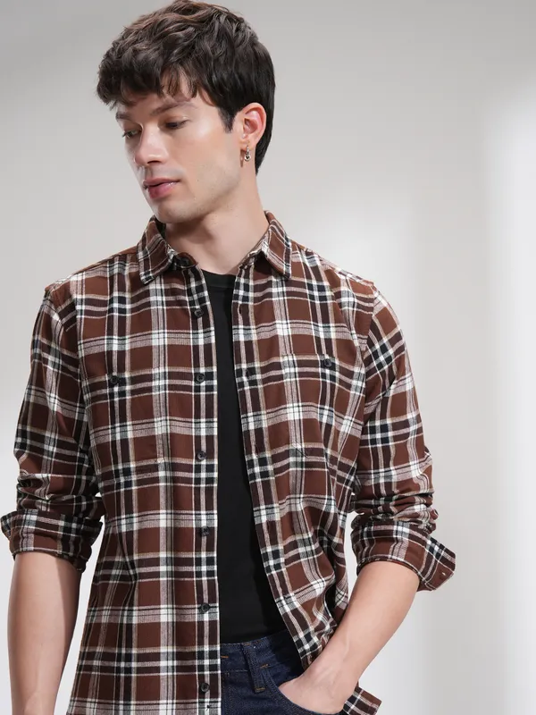 Highlander Men Rust Checked Slim Fit Casual Shirt