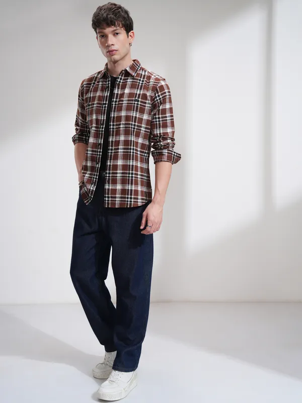 Highlander Men Rust Checked Slim Fit Casual Shirt