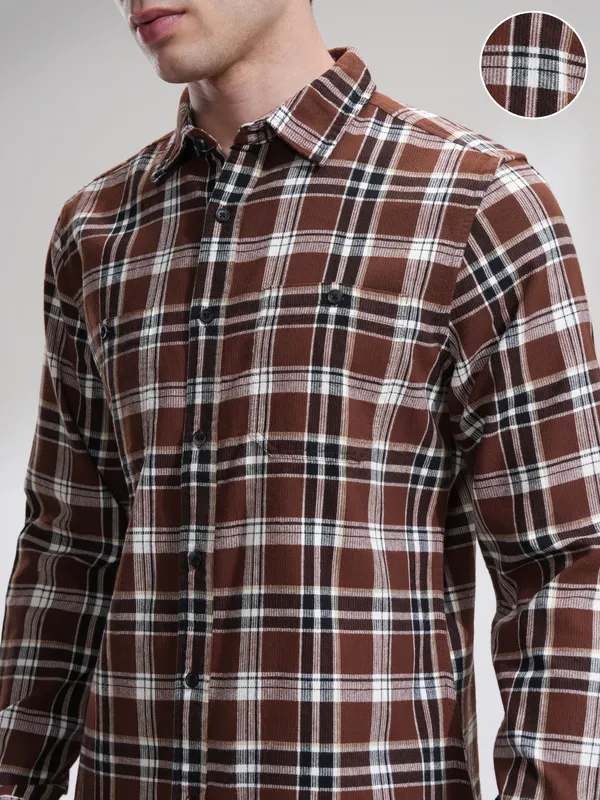 Highlander Men Rust Checked Slim Fit Casual Shirt