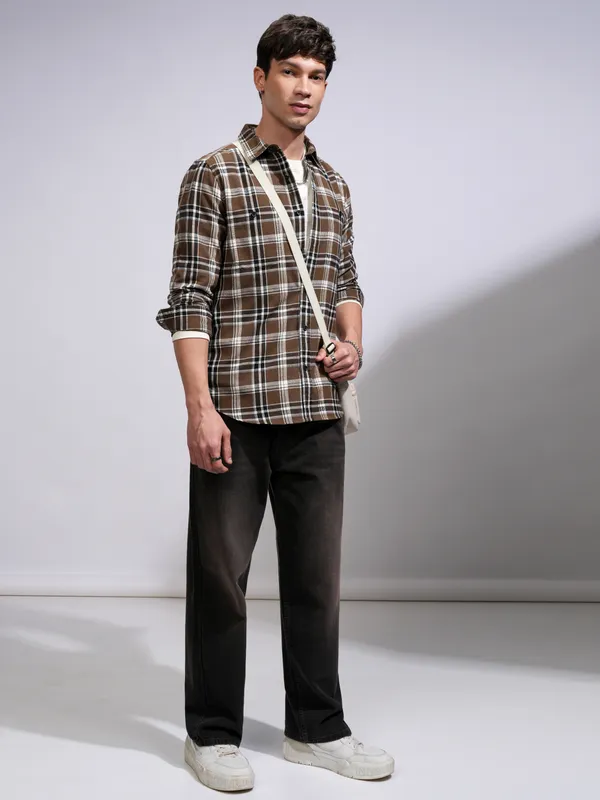 Highlander Men Brown Checked Slim Fit Casual Shirt
