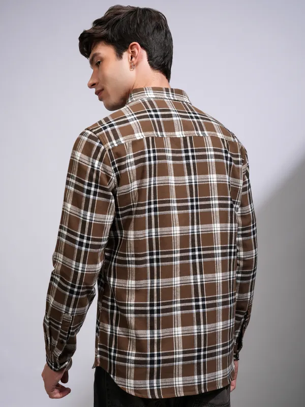 Highlander Men Brown Checked Slim Fit Casual Shirt