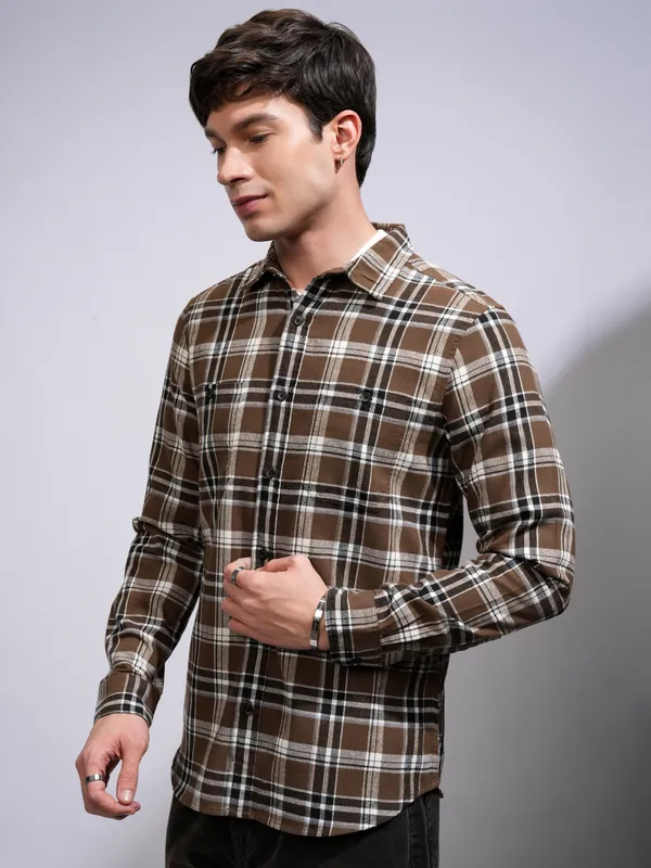 Highlander Men Brown Checked Slim Fit Casual Shirt