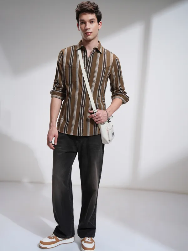 Highlander Men Mustard Striped Slim Fit Casual Shirt