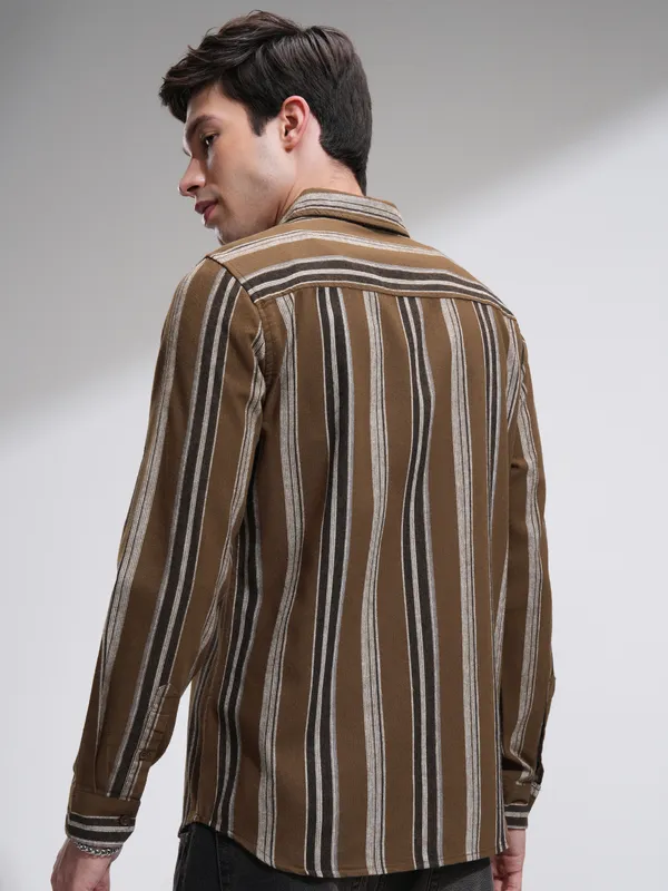 Highlander Men Mustard Striped Slim Fit Casual Shirt