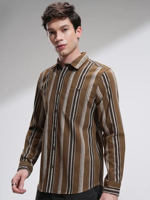 Highlander Men Mustard Striped Slim Fit Casual Shirt