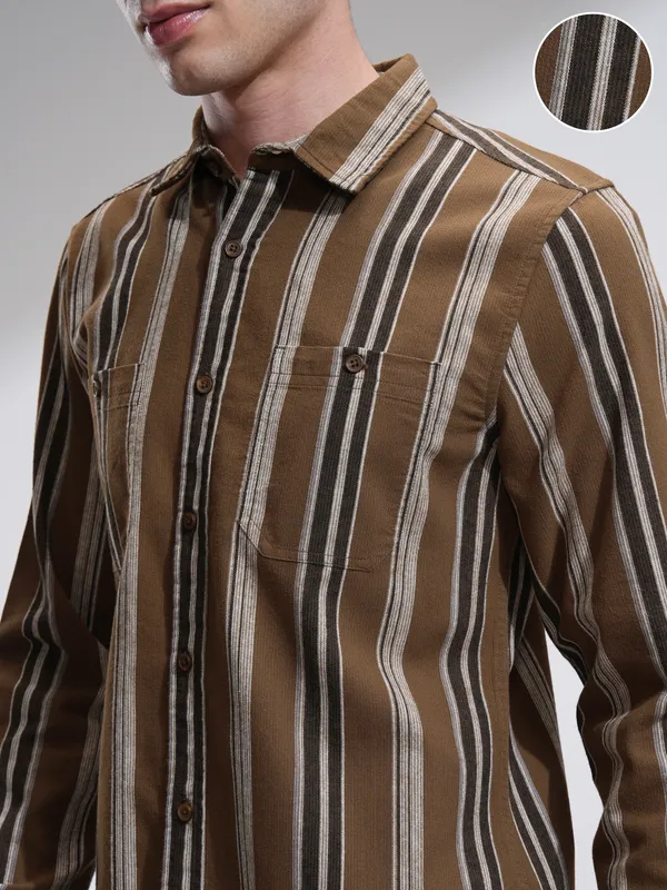 Highlander Men Mustard Striped Slim Fit Casual Shirt