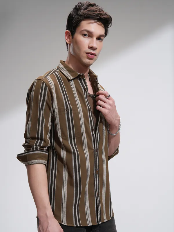 Highlander Men Mustard Striped Slim Fit Casual Shirt