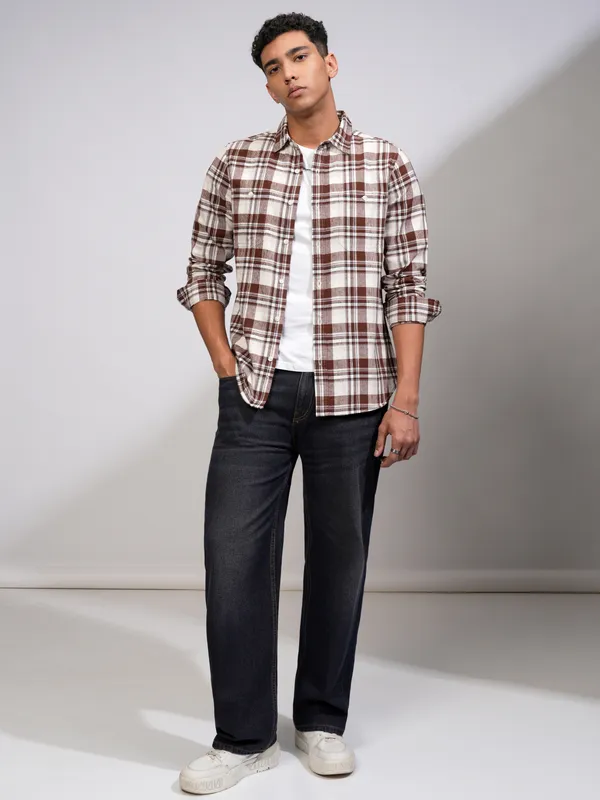 Highlander Men Rust Checked Slim Fit Casual Shirt