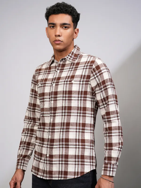 Highlander Men Rust Checked Slim Fit Casual Shirt
