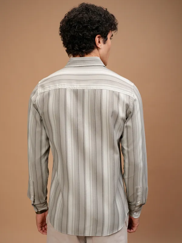 Highlander Men Beige Striped Slim Fit Casual Shirt