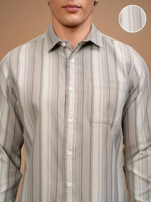 Highlander Men Beige Striped Slim Fit Casual Shirt