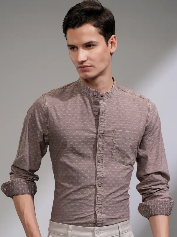 Highlander Men Maroon Self Design Slim Fit Casual Shirt