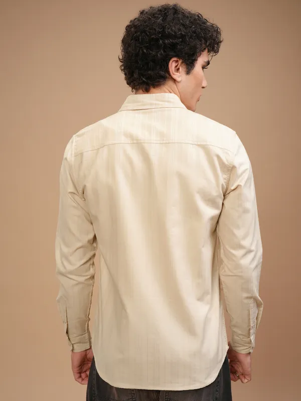 Highlander Men Cream Striped Slim Fit Casual Shirt