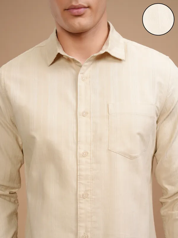 Highlander Men Cream Striped Slim Fit Casual Shirt