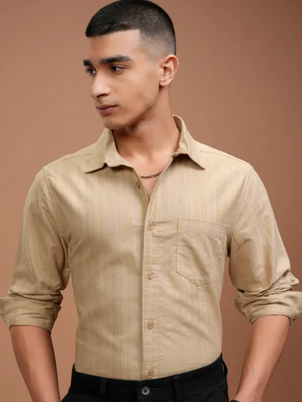 Highlander Men Beige Striped Slim Fit Casual Shirt