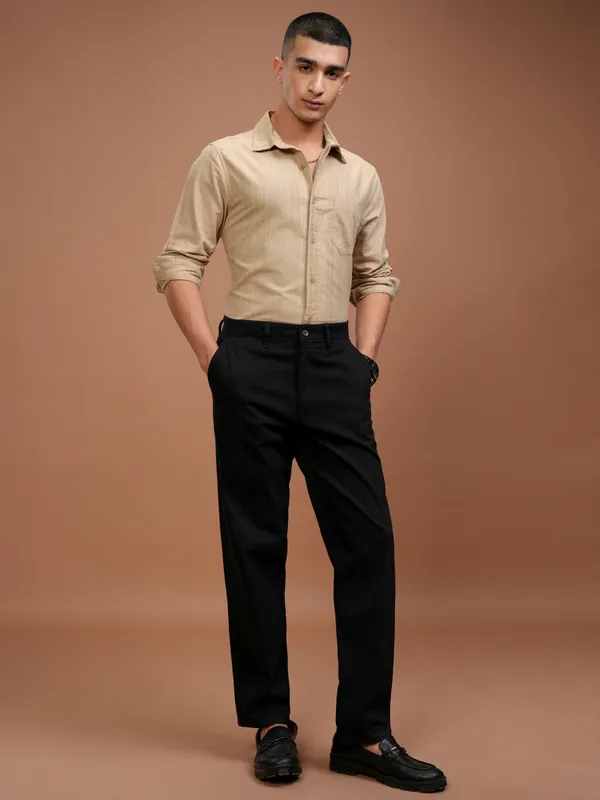 Highlander Men Beige Striped Slim Fit Casual Shirt
