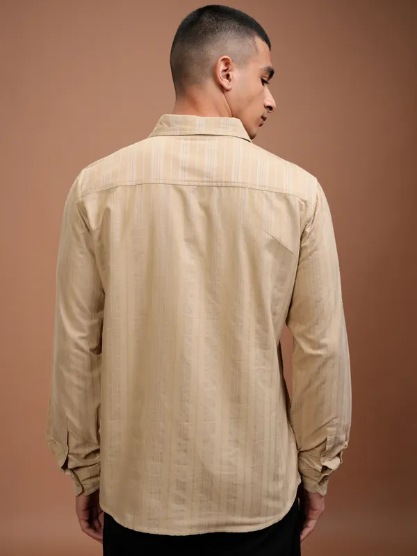 Highlander Men Beige Striped Slim Fit Casual Shirt