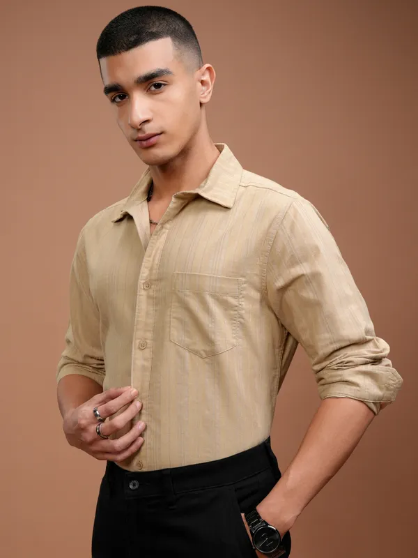 Highlander Men Beige Striped Slim Fit Casual Shirt