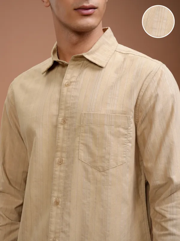 Highlander Men Beige Striped Slim Fit Casual Shirt
