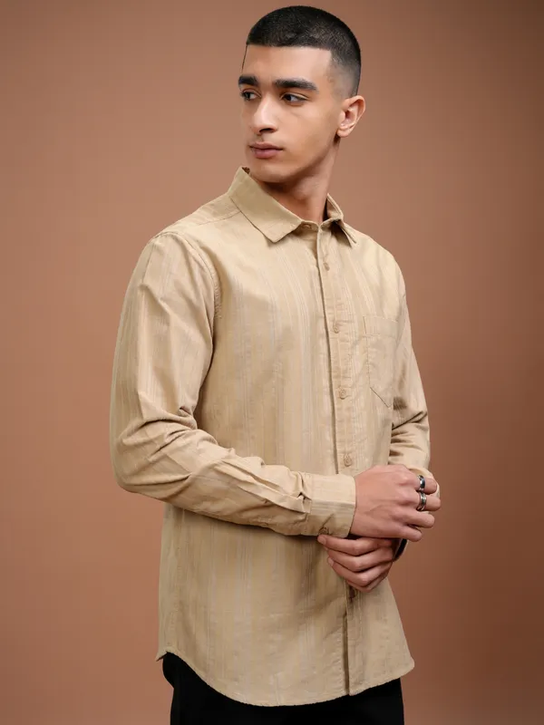 Highlander Men Beige Striped Slim Fit Casual Shirt