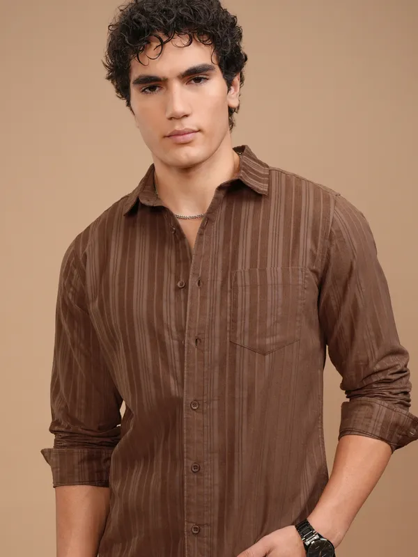 Highlander Men Brown Striped Slim Fit Casual Shirt