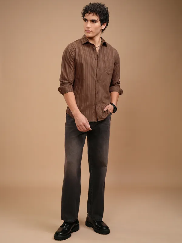 Highlander Men Brown Striped Slim Fit Casual Shirt