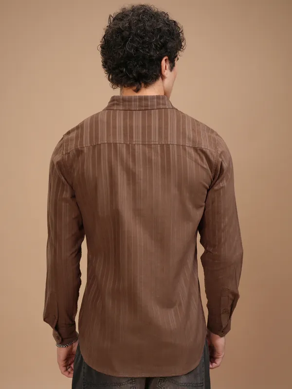 Highlander Men Brown Striped Slim Fit Casual Shirt