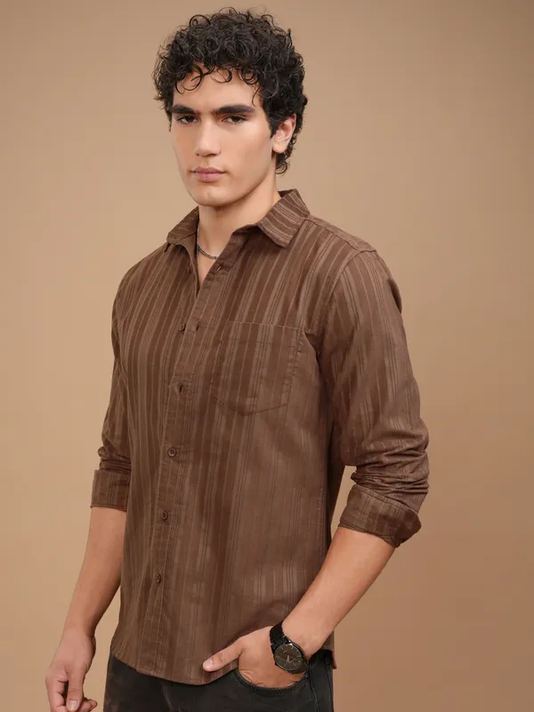 Highlander Men Brown Striped Slim Fit Casual Shirt