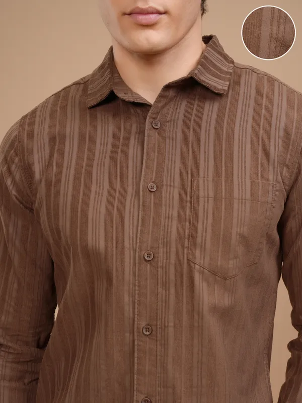 Highlander Men Brown Striped Slim Fit Casual Shirt