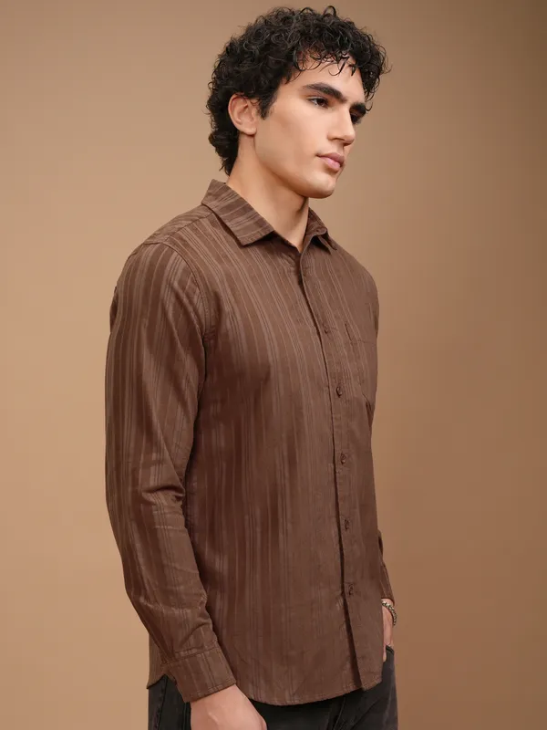Highlander Men Brown Striped Slim Fit Casual Shirt