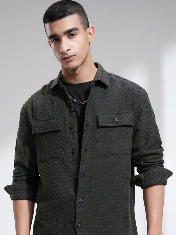 Highlander Men Olive Textured Relaxed Fit Casual Shirt