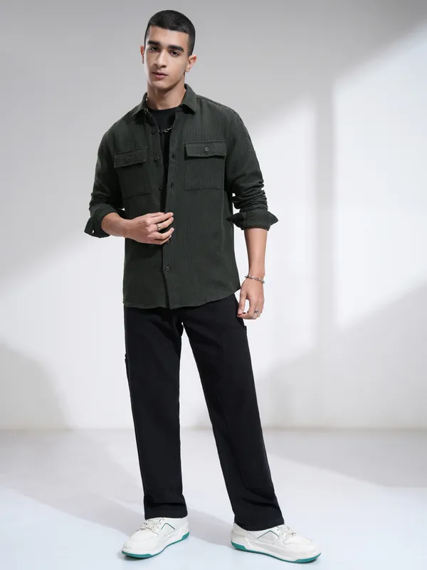 Highlander Men Olive Textured Relaxed Fit Casual Shirt