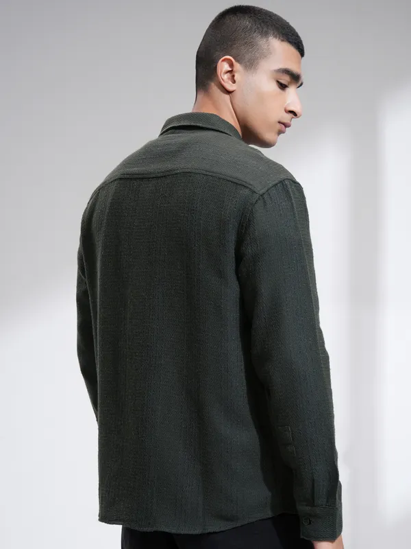 Highlander Men Olive Textured Relaxed Fit Casual Shirt
