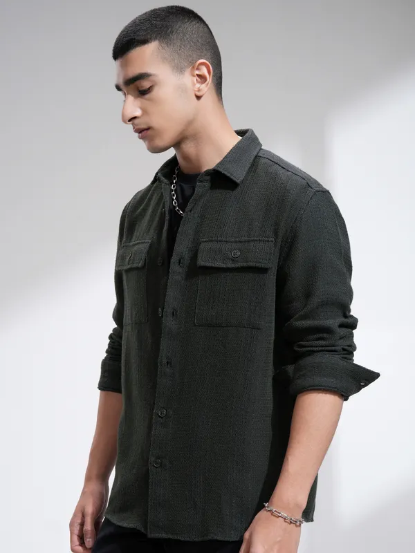 Highlander Men Olive Textured Relaxed Fit Casual Shirt