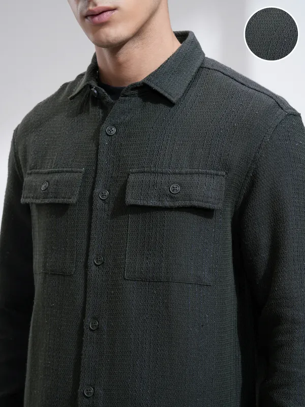 Highlander Men Olive Textured Relaxed Fit Casual Shirt
