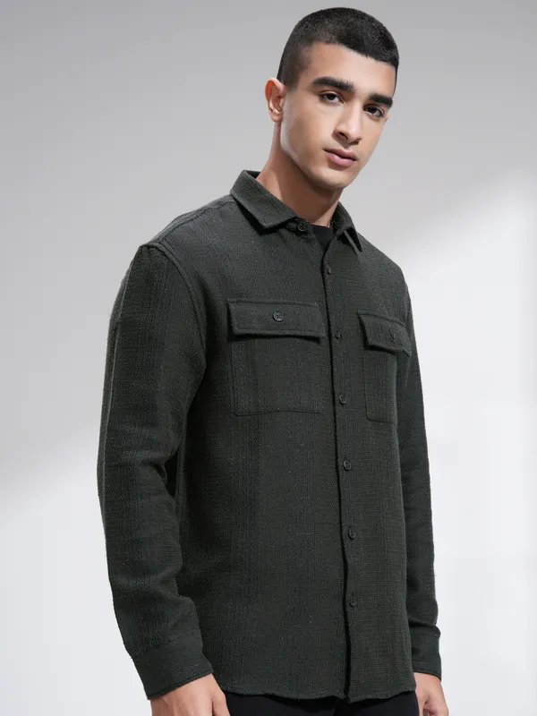 Highlander Men Olive Textured Relaxed Fit Casual Shirt