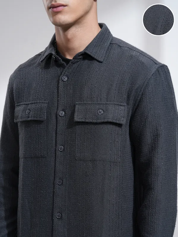 Highlander Men Navy Blue Textured Relaxed Fit Casual Shirt