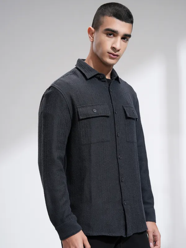 Highlander Men Navy Blue Textured Relaxed Fit Casual Shirt