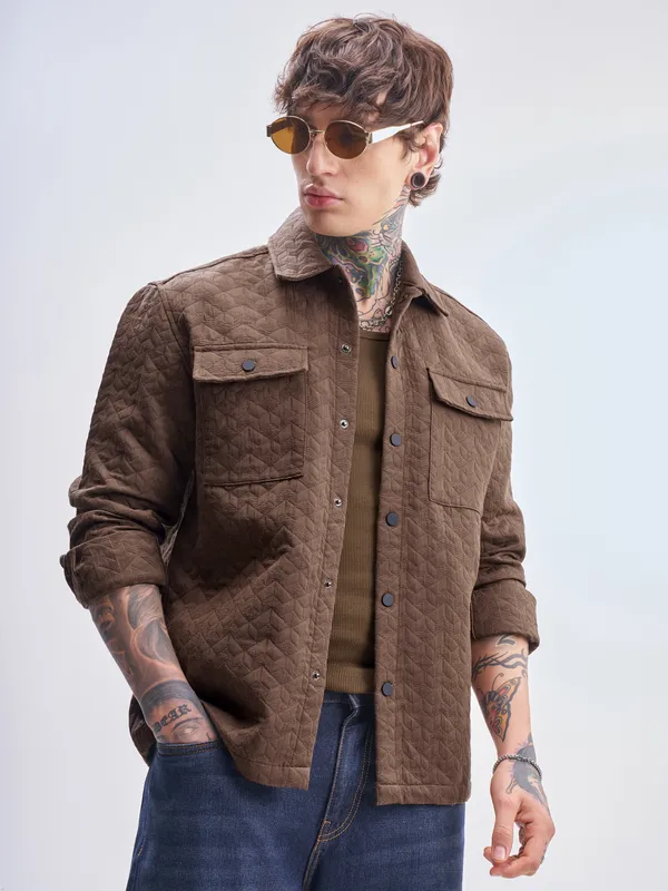 Highlander Men Brown Self Design Relaxed Fit Casual Shirt