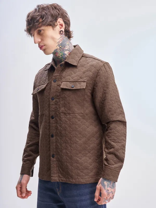 Highlander Men Brown Self Design Relaxed Fit Casual Shirt